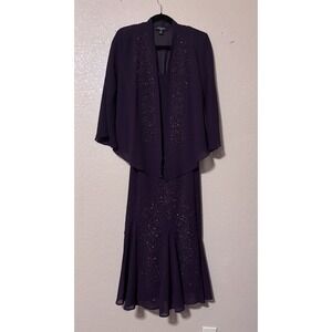 R&M Richards Womens Purple Chiffon Beaded Dress w/ Jacket Petite Sz 12 Wedding